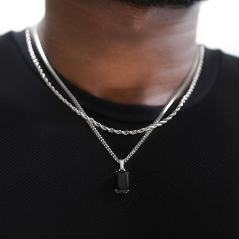 Silver onyx + Rope chain set